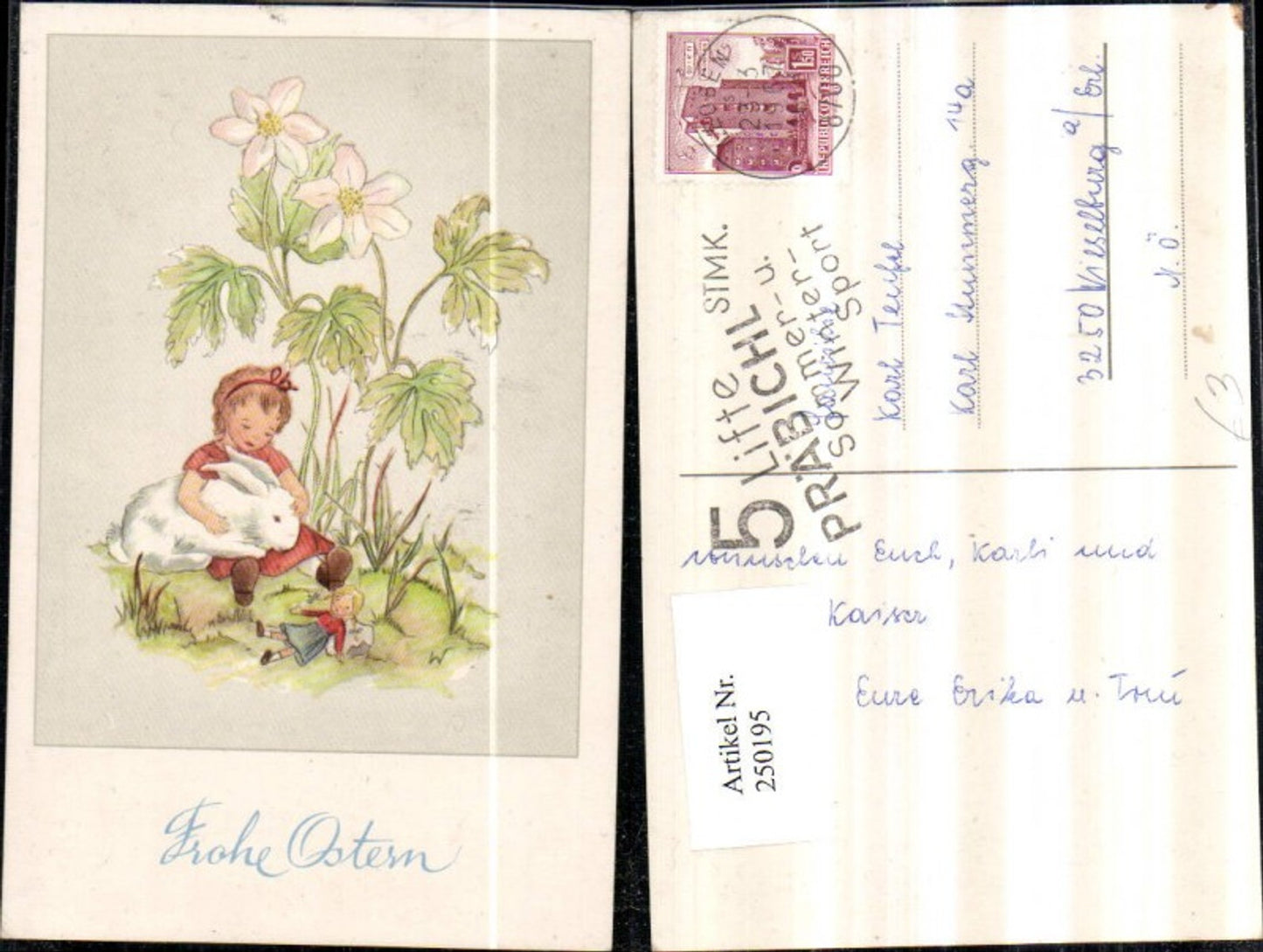 250195,Künstler AK Ostern Mädchen m. Hase Puppe Wiese Blumen