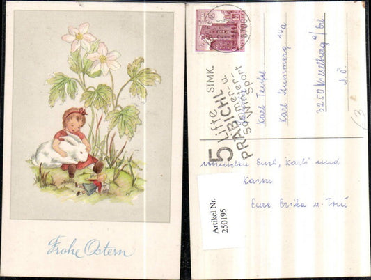 250195,Künstler AK Ostern Mädchen m. Hase Puppe Wiese Blumen