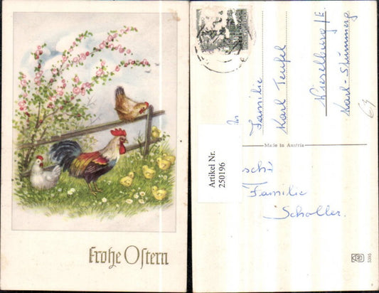 250196, Artist AK Easter Meadow Wooden Fence Chicks Rooster Chickens Flower Branches