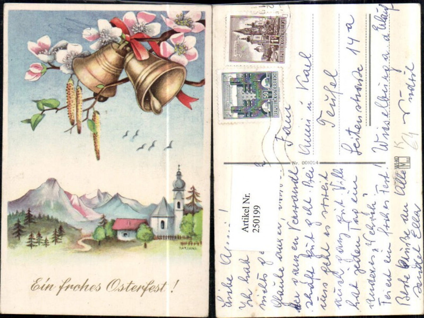 250199, Artist AK Tatjana Easter Landscape Church Mountain scenery Bells Flowering branch Birch catkins