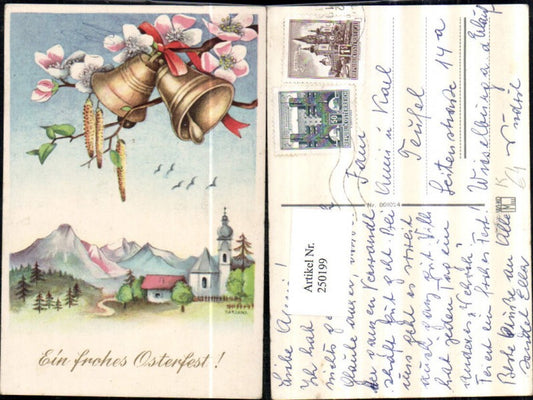 250199, Artist AK Tatjana Easter Landscape Church Mountain scenery Bells Flowering branch Birch catkins