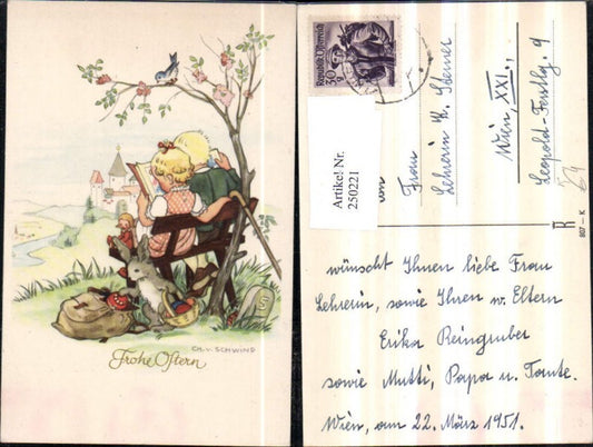 250221, Artist AK Ch. v. Schwind Easter Children b. Reading reads Wooden bench Easter bunny Rabbit Doll Eggs