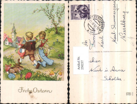 250237, Artist AK Easter Children on the way to the village Meadow Flowers Easter eggs Rabbit