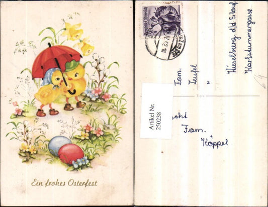 250238, Artist AK Easter Chick with Hat Headscarf Parasol Flowers Daffodil Pussy Willow Eggs