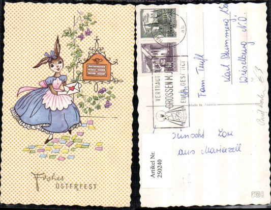 250240,Künstler AK Ostern Hase vermenschlicht m. Kleid Brief Briefkasten