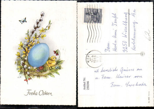 250246,Künstler AK Ostern blaues Ei Küken Blumen Palmkätzchen Schmetterling