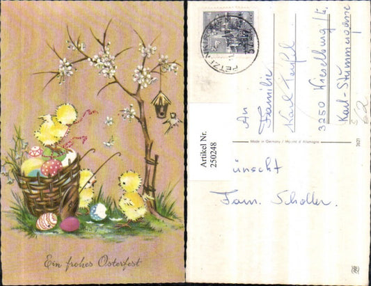 250248,Künstler AK Ostern Küken Flechtkorb Korb Wagen Ostereier Vogelhaus Stempel Petzenkirchen 3252