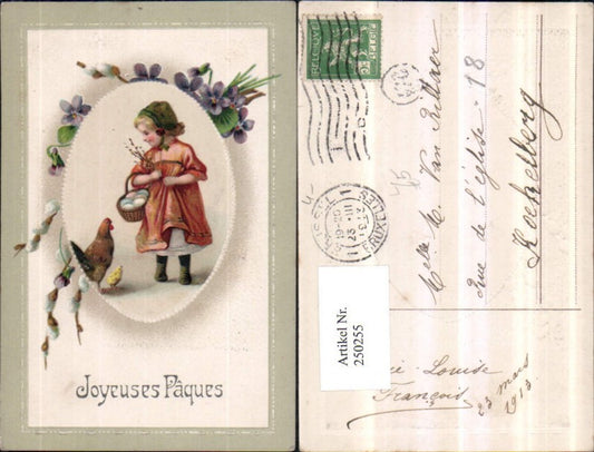 250255,Präge Litho AK Ostern Mädchen m. Häubchen Kleid Korb Eier Palmkätzchen Huhn Küken Veilchen