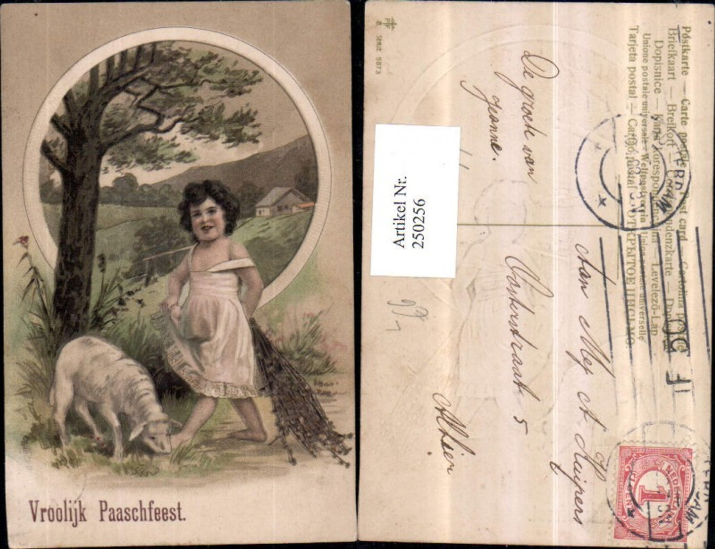 250256,Präge Litho AK Ostern Mädchen m. Kleid Zweige Schaf Lamm Wiese Landschaft