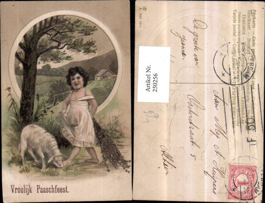 250256,Präge Litho AK Ostern Mädchen m. Kleid Zweige Schaf Lamm Wiese Landschaft