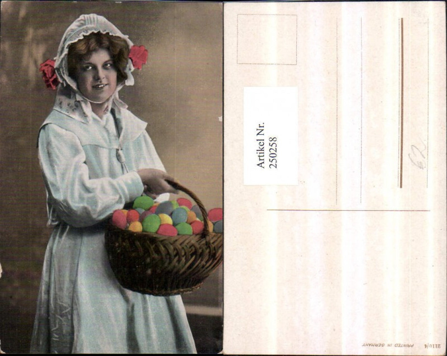 250258,Ostern Frau m. Haube Korb voll bunter Eier Ostereier