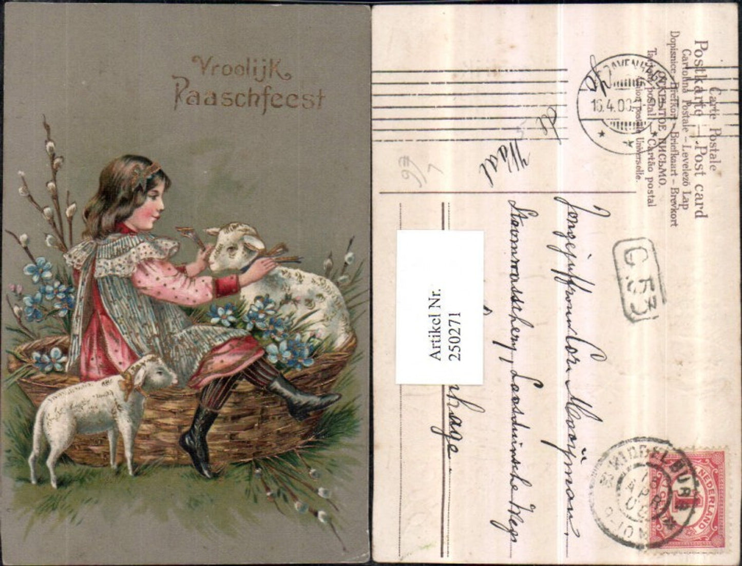 250271,Präge Litho AK Goldverzierung Ostern Mädchen m. Kleid Flechtkorb Korb Schaf Lamm Blumen Palmkätzchen