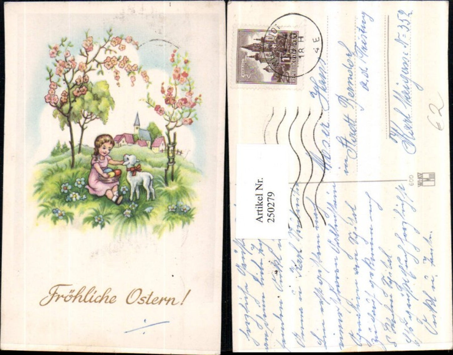 250279,Künstler AK Ostern Mädchen m. Lamm Schaf Ostereier Blumen Wiese blühende Bäume
