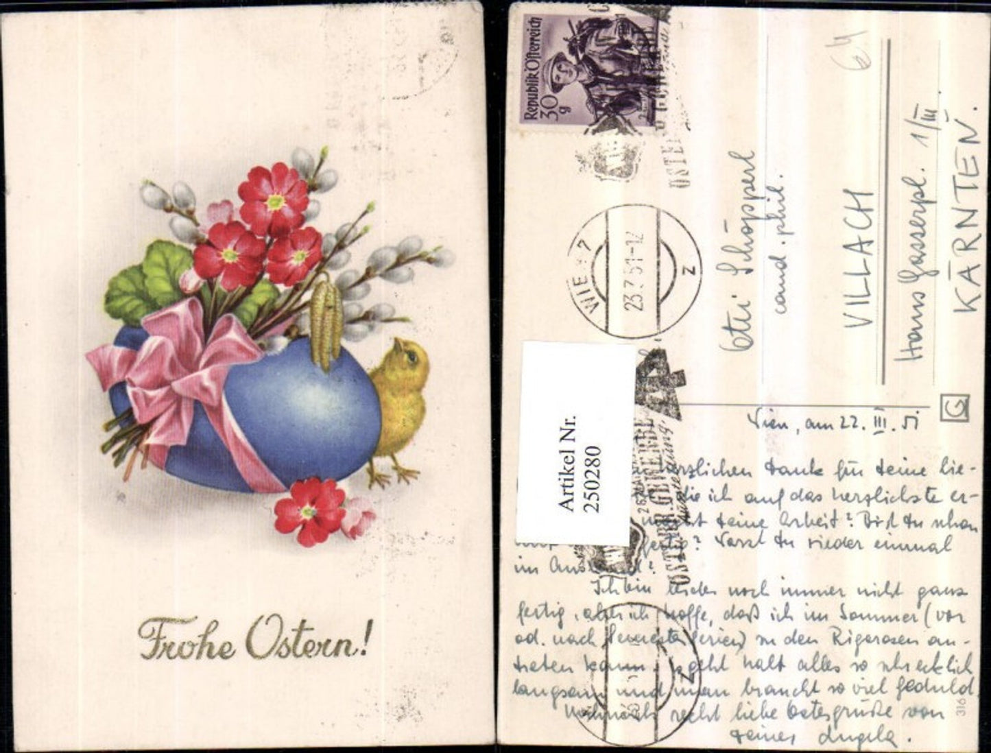 250280,Ostern blaues Ei Osterei Schleife Blumen Palmkätzchen Küken