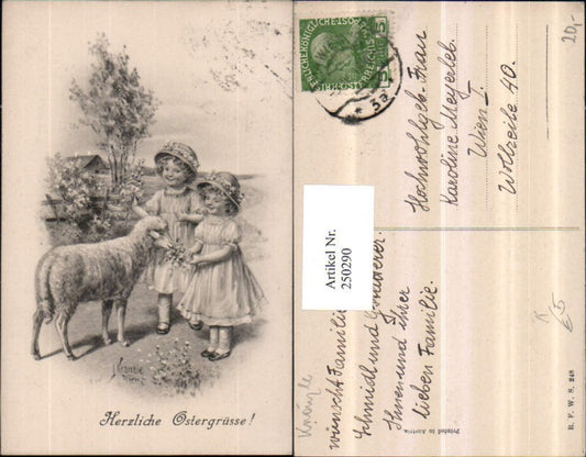 250290, Artist AK J. Kränzle Easter Girl with Hats and Dresses Sheep Flowers
