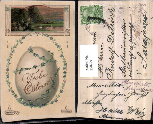 250299, Embossed Lithograph Postcard Easter Landscape Swans Passepartout Egg Flower Garland