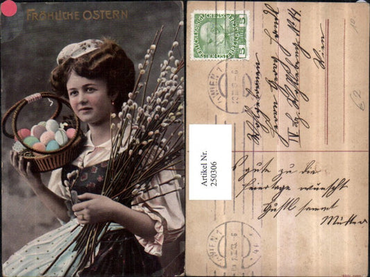 250306, Easter woman with palm branches, pussy willows, basket, Easter eggs, eggs