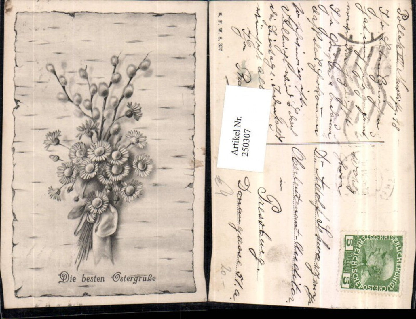 250307, ​​Artist AK Easter Bouquet Flowers Pussy willows Ribbon