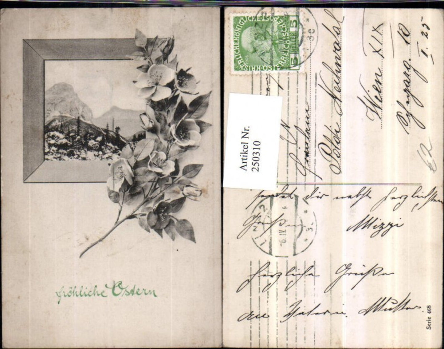 250310, Easter landscape mountain scenery passepartout flowering branch