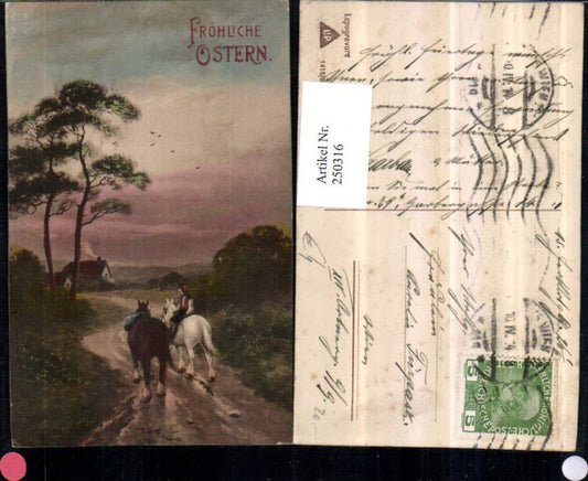 250316, embossed postcard Easter landscape horses horse