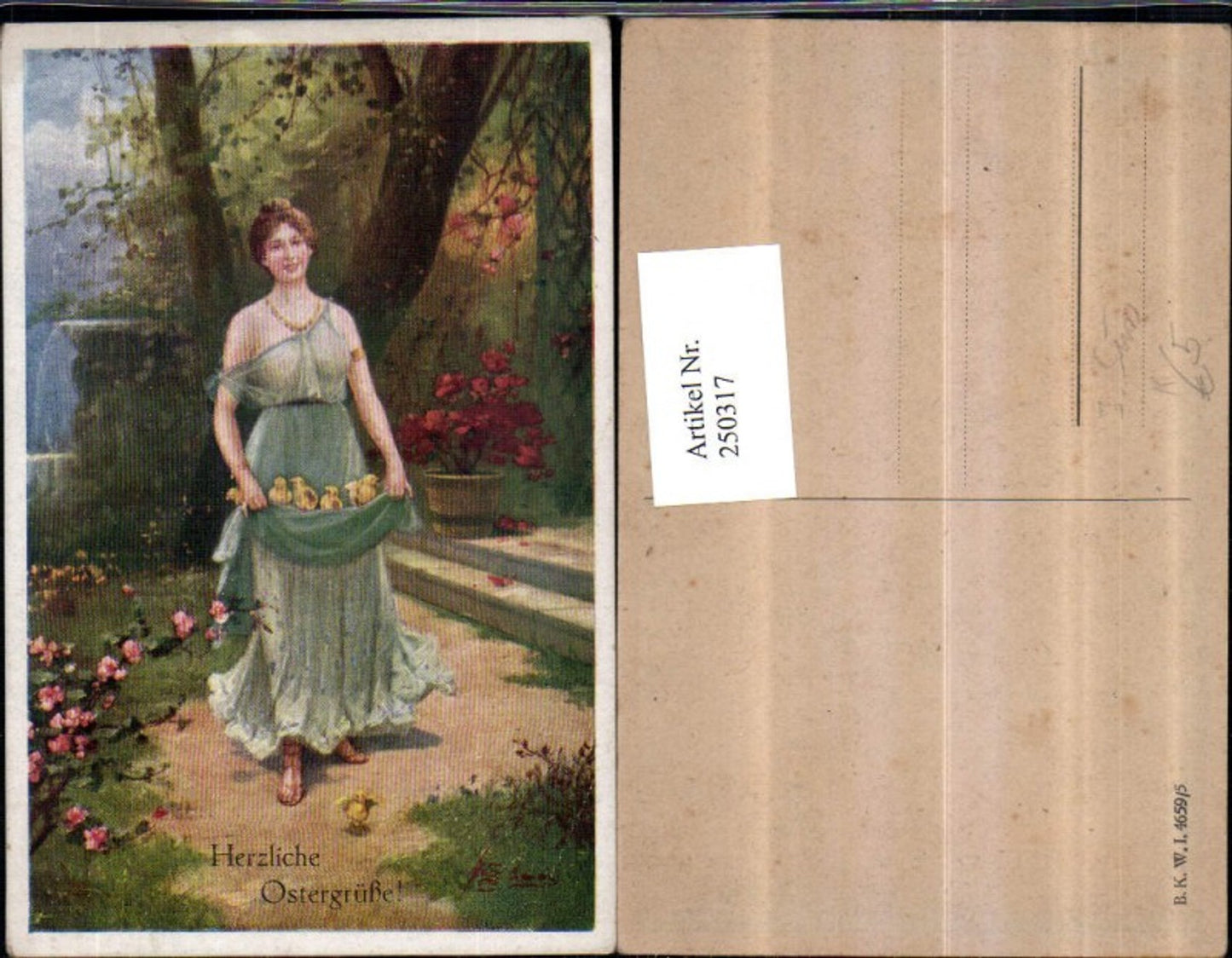 250317,Künstler AK J. Süss Ostern Frau m. Kleid Kette Küken pub Brüder Kohn B.K.W.I. 4659/5