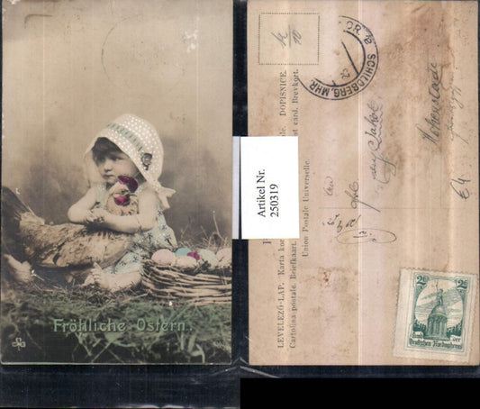 250319, Easter child with bonnet hugging chicken rooster basket with Easter eggs