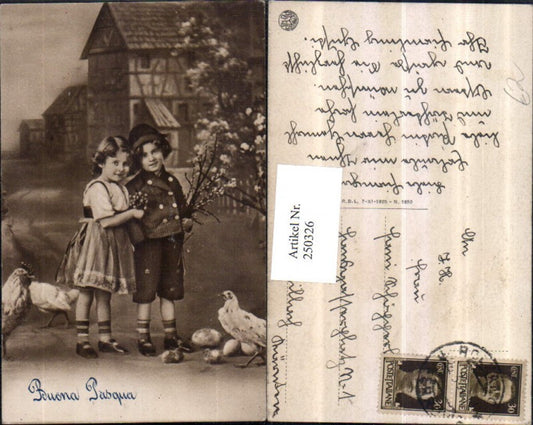 250326,Ostern Junge m. Hut Palmzweige Palmkätzchen Mädchen m. Kleid Blumen Huhn Hahn Küken