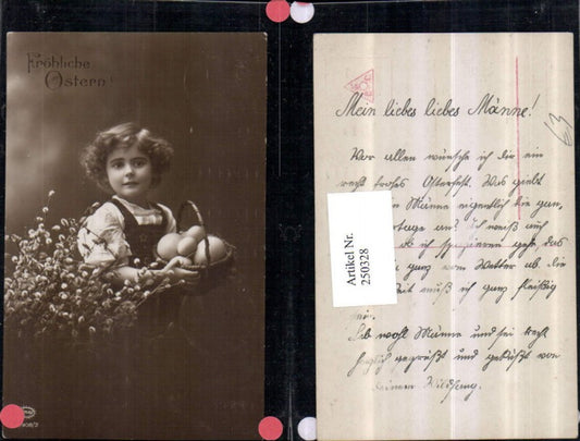 250328,Ostern Kind m. Korb Ostereier Eier Palmkätzchen Palmzweige