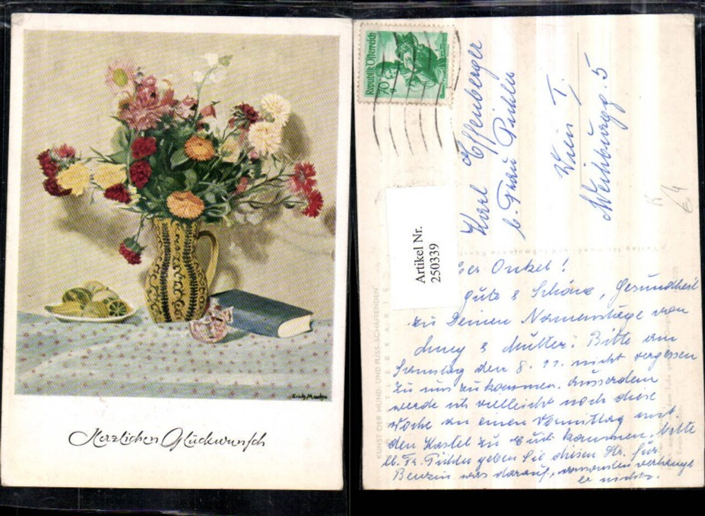 250339,Künstler AK Erich Macho Glückwunsch Blumenstrauß Blumen Nelken Vase Buch