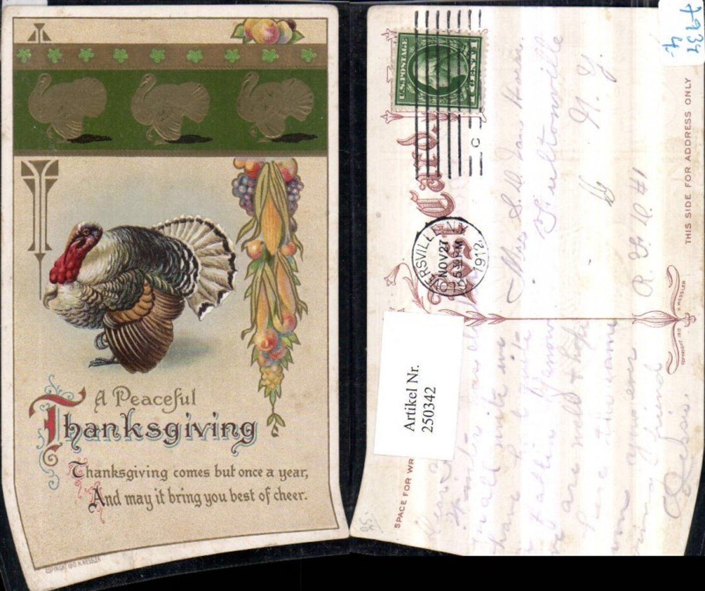 250342,Präge AK Thanksgiving Truthan Maiskolben Weintrauben