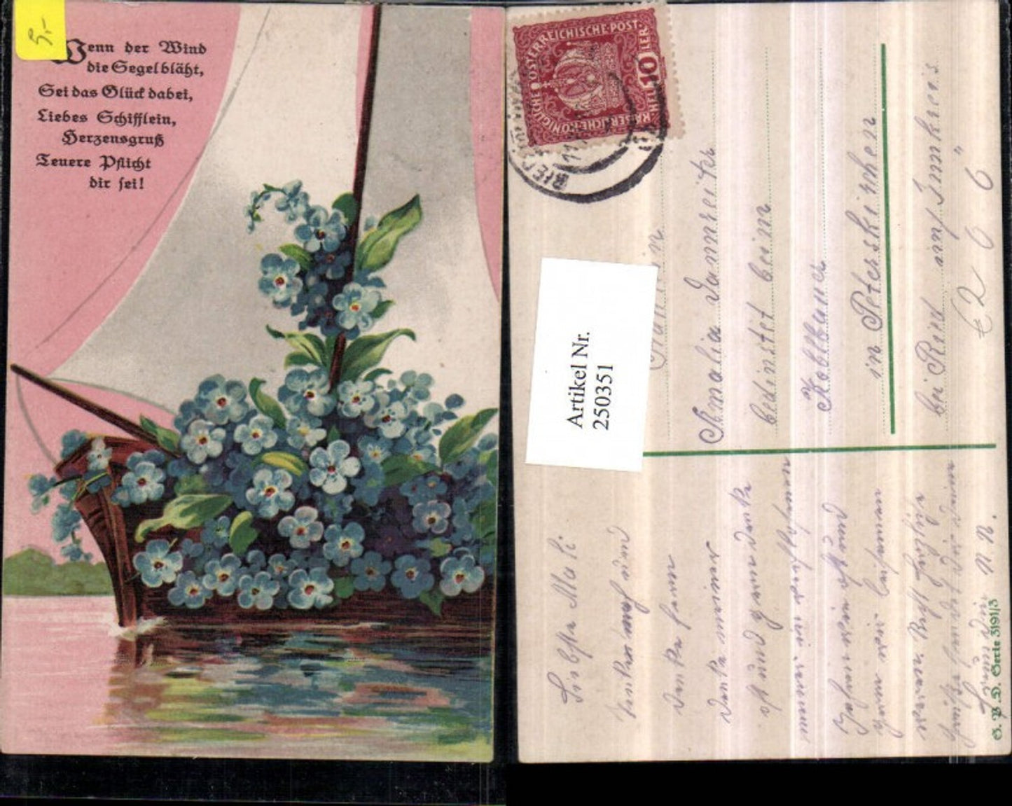 250351, Artist AK Sailboat Flowers Forget-me-not Saying Text