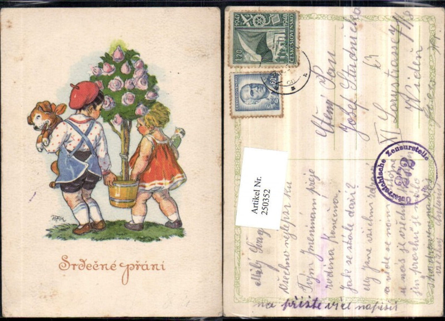 250352, Artist AK Girl and Boy with Rosebush Roses Dog Bird