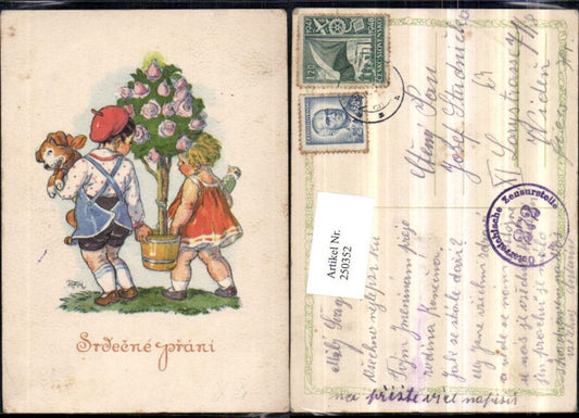 250352, Artist AK Girl and Boy with Rosebush Roses Dog Bird