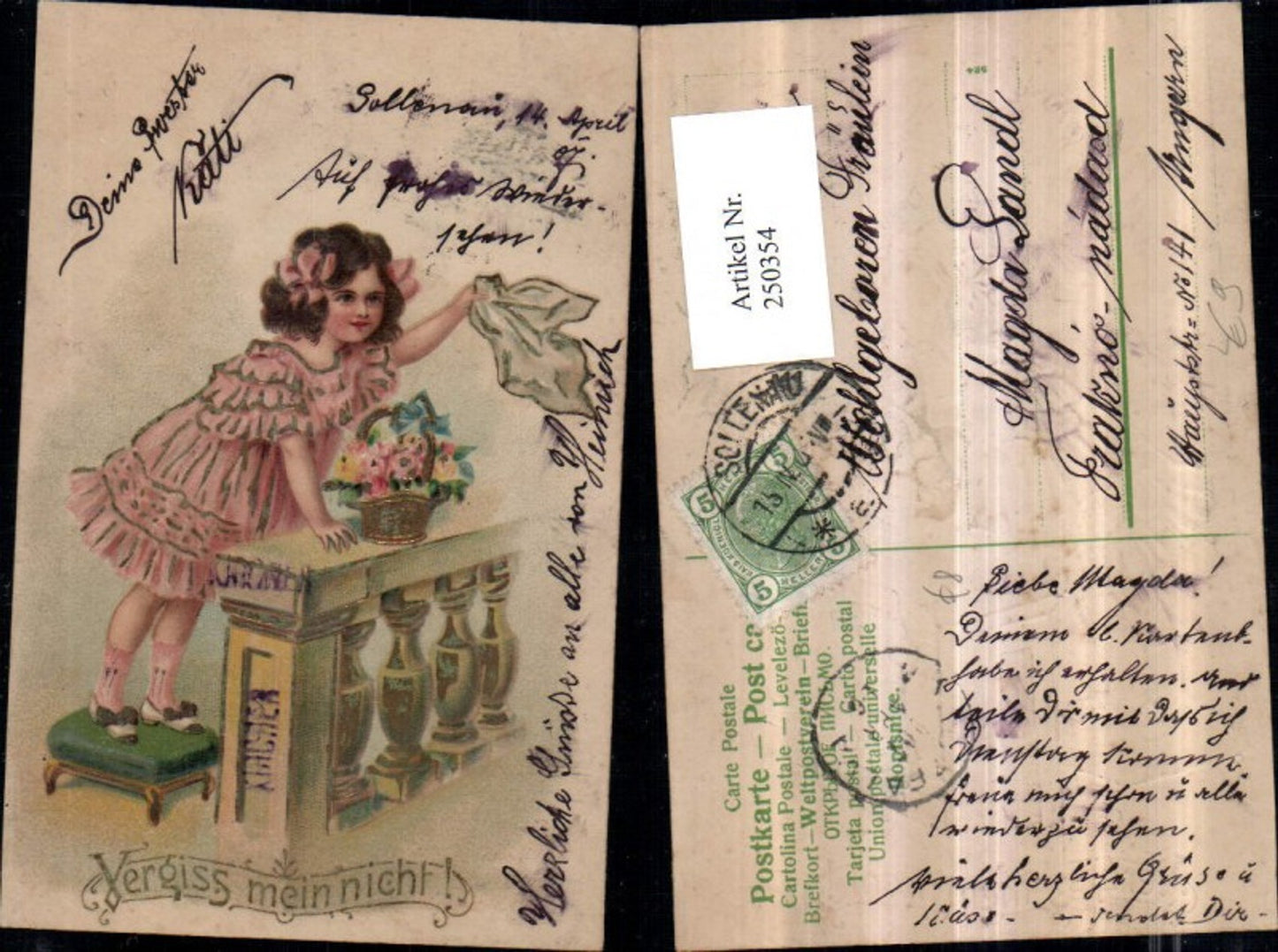 250354, Embossed Lithograph AK Forget-me-not girl with dress, stool, railing, scarf, flowers