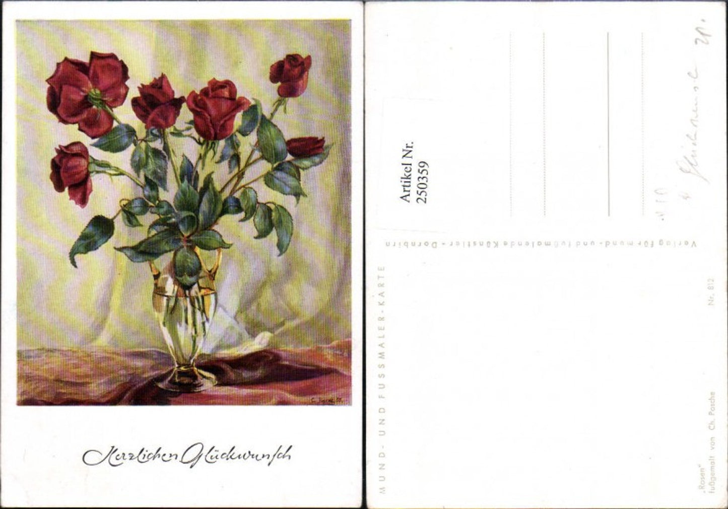 250359, Artist AK Ch. Pasche, Foot-painted Congratulations Roses Vase