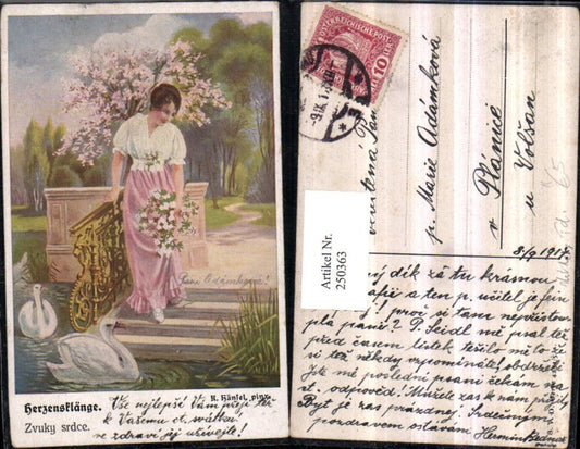 250363, Artist AK K. Hänsel Heartbeats Woman with Dress Flowers Staircase Railing Swans