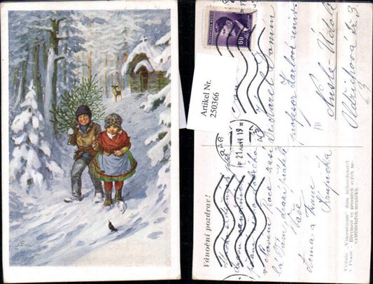 250366, Artist AK Vydalo Children with Christmas tree Forest Church Deer Winter scene