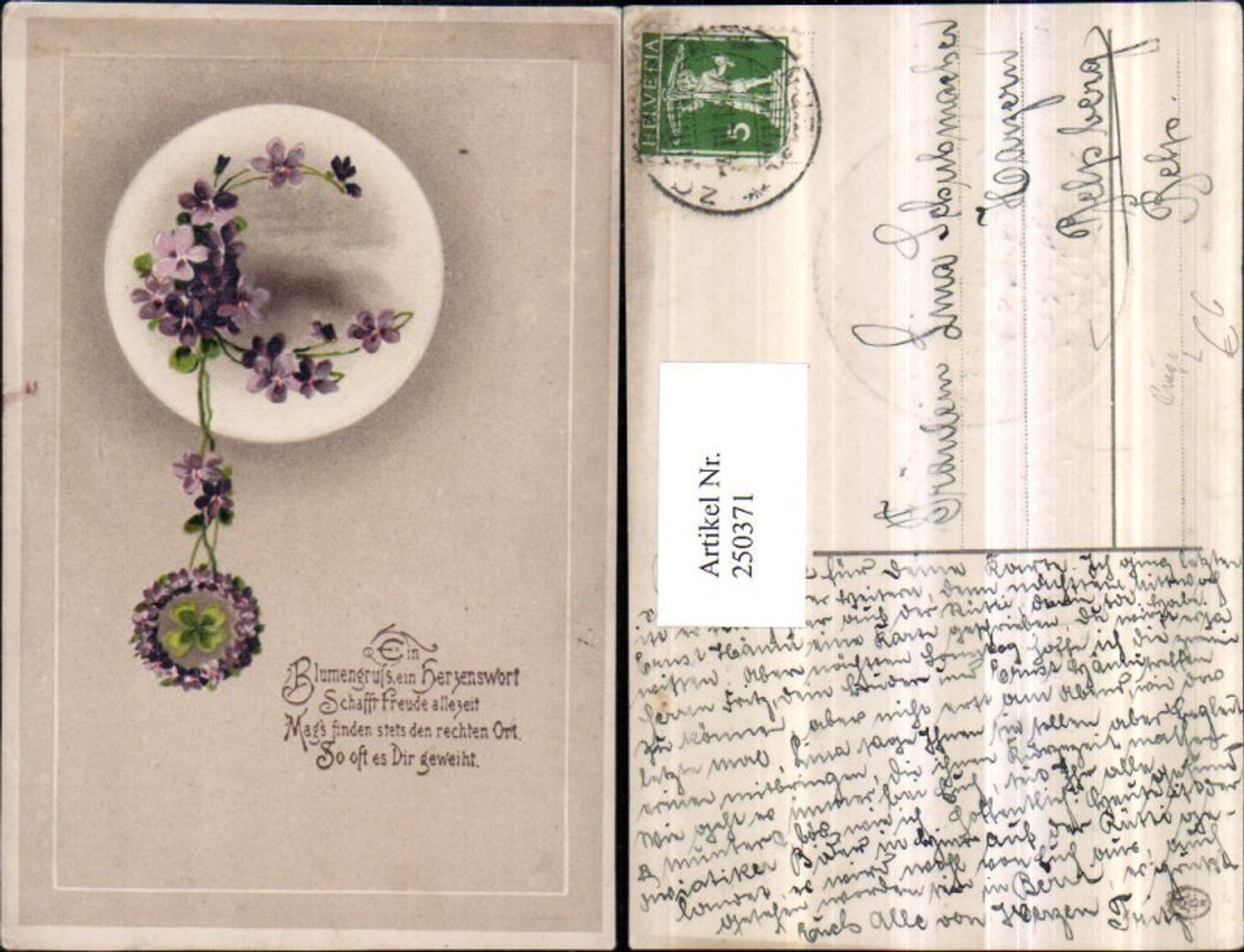 250371, Embosser Lithograph AK Flowers Violet Clover Saying Text