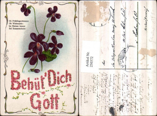 250372,Litho AK God protect you saying flowers violets