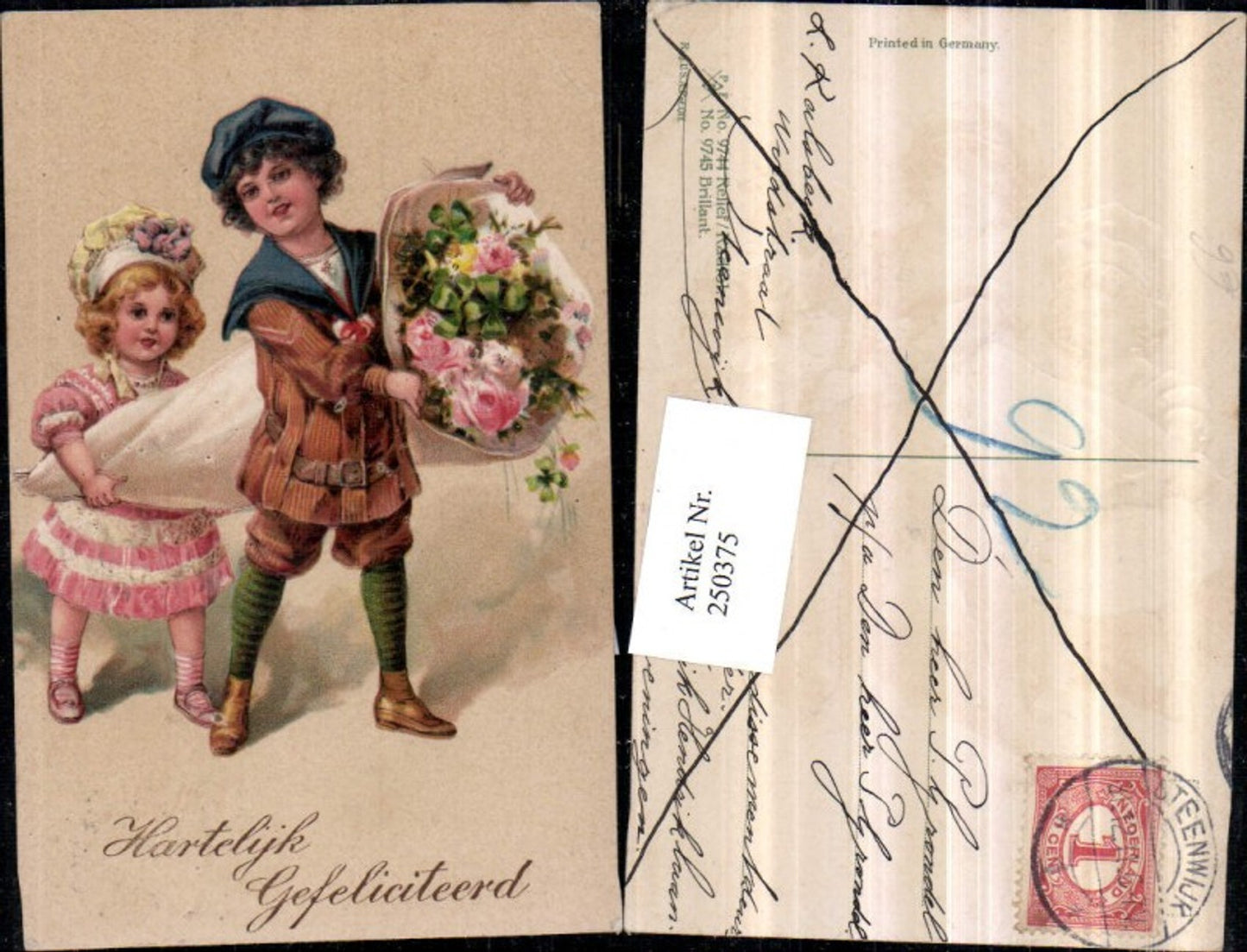 250375, embossed postcard of a boy and girl with bonnets, large bag with roses and clovers