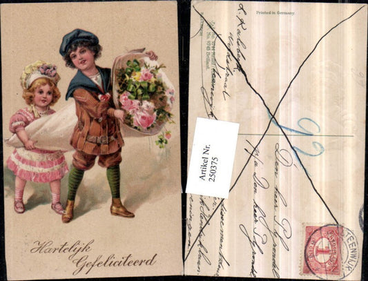 250375, embossed postcard of a boy and girl with bonnets, large bag with roses and clovers