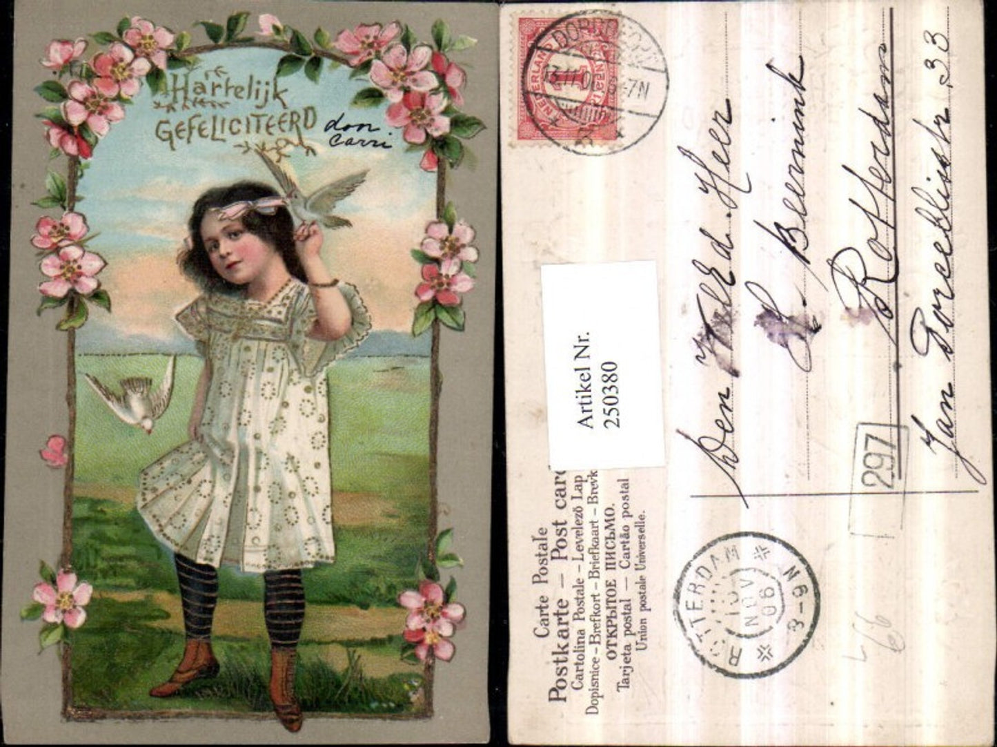 250380,Präge Litho AK Goldverzierung Mädchen m. Kleid Vögel Blumen