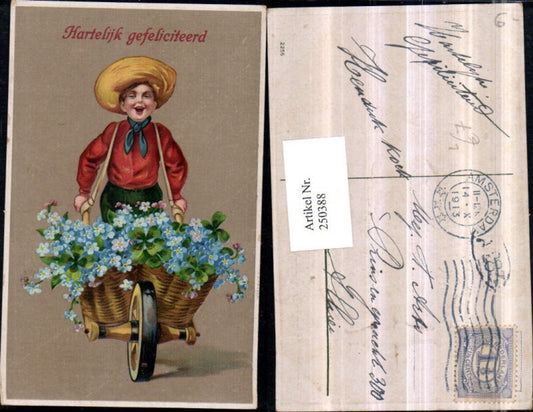 250388,Präge Litho AK Junge m. Hut Schubkarre Vergissmeinnicht Kleeblätter