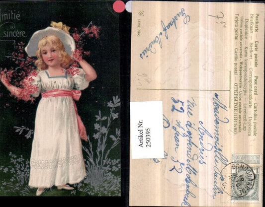 250395,Präge Litho AK Mädchen m. Hut Kleid Blumen
