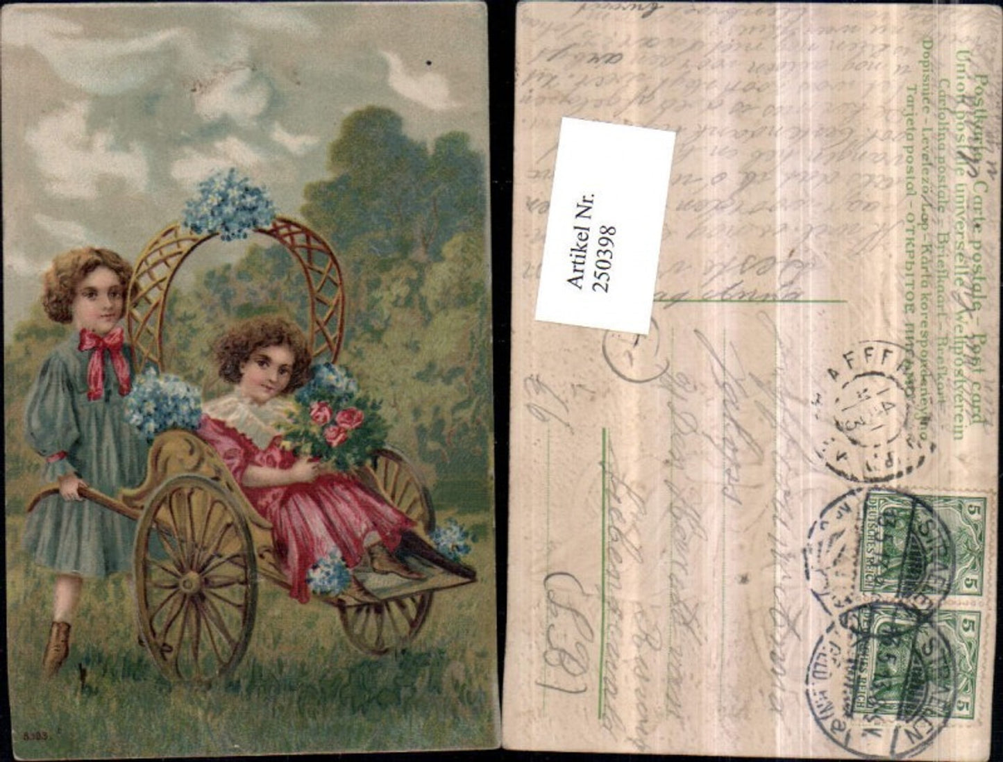 250398,Präge Litho AK Schubkarre Wagen Kinder m. Kleider Blumensträuße Vergissmeinnicht