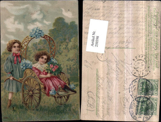 250398,Präge Litho AK Schubkarre Wagen Kinder m. Kleider Blumensträuße Vergissmeinnicht