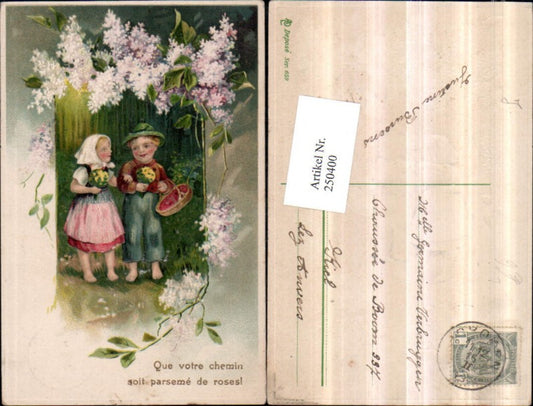 250400,Präge Litho AK Junge m. Hut Korb Blumenstrauß Mädchen m. Kopftuch Blumenstrauß Passepartout Flieder