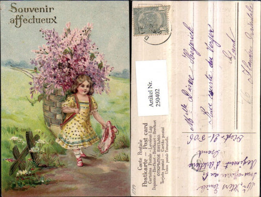 250402,Präge Litho AK Goldverzierung Mädchen m. Kleid Korb Blumen Hut