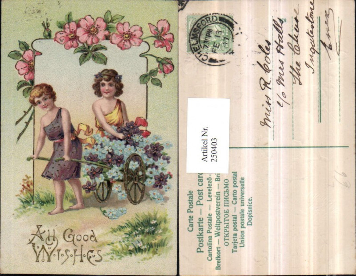 250403,Präge Litho AK Goldverzierung Kinder m. Leiterwagen Blumen Vergissmeinnicht