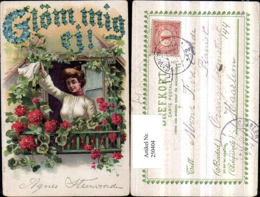 250404,Präge Litho AK Frau winkt m. Tuch Fenster Blumen Balkonblumen